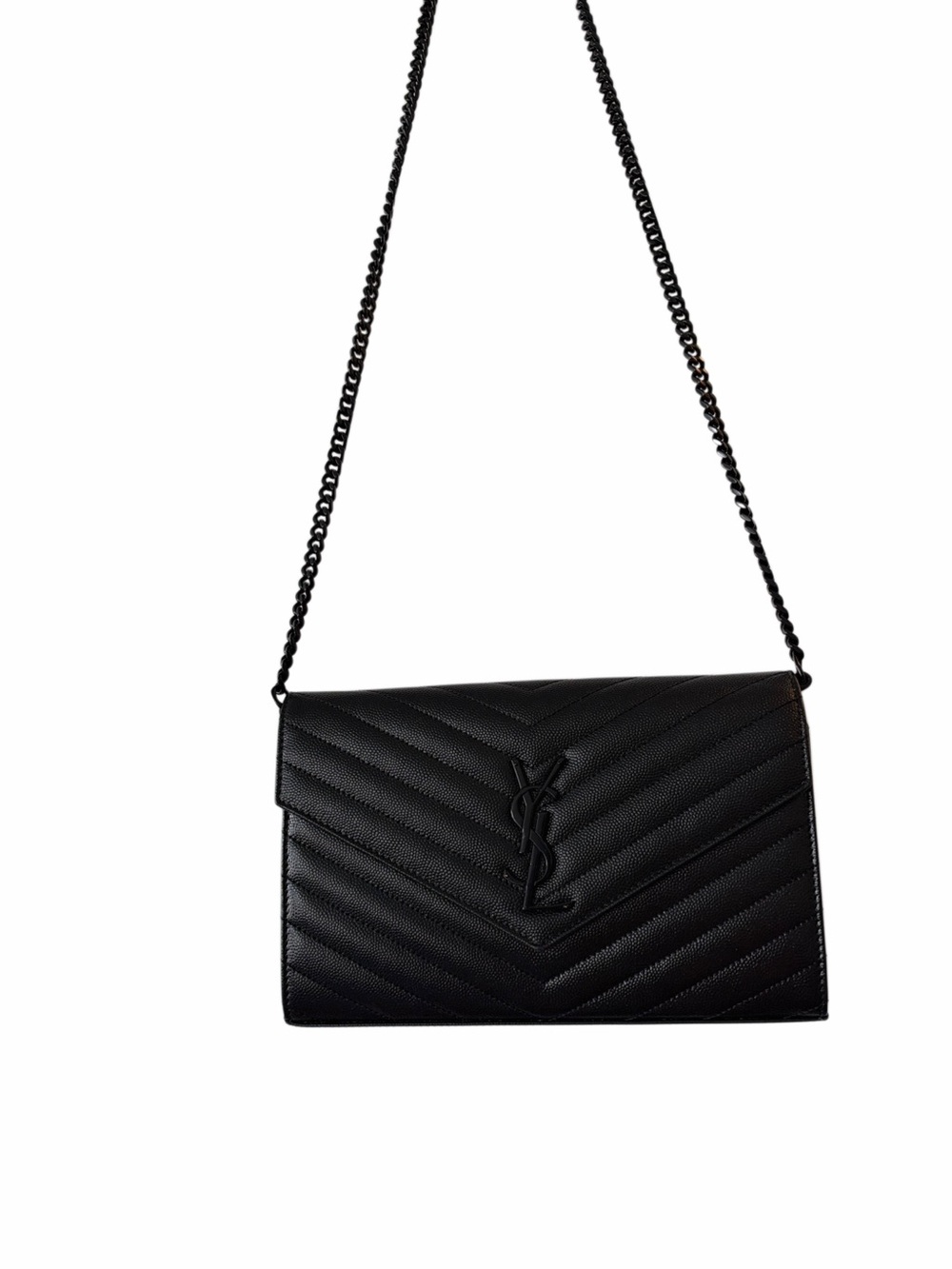 Saint Laurent YSL Cassandre Envelope Chain Wallet (Black-on-Black)